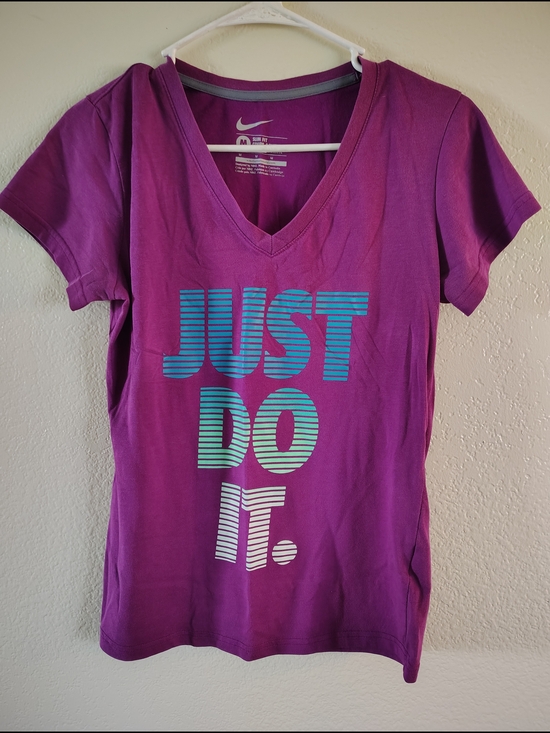 Nike Tops - Nike Women’s Purple V-Neck Tee with Teal & Aqua 'JUST DO IT' Graphic
